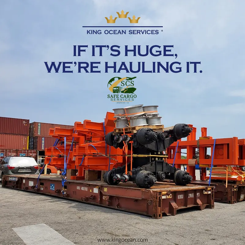 Oversized cargo secured on flat rack containers, shipped to Anguilla via King Ocean Services and SCS